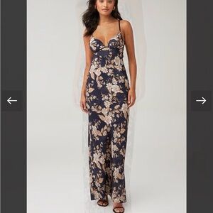 Bec & Bridge 100% Silk Floral Maxi Dress Navy Cream  Dress XS/2 Revolve